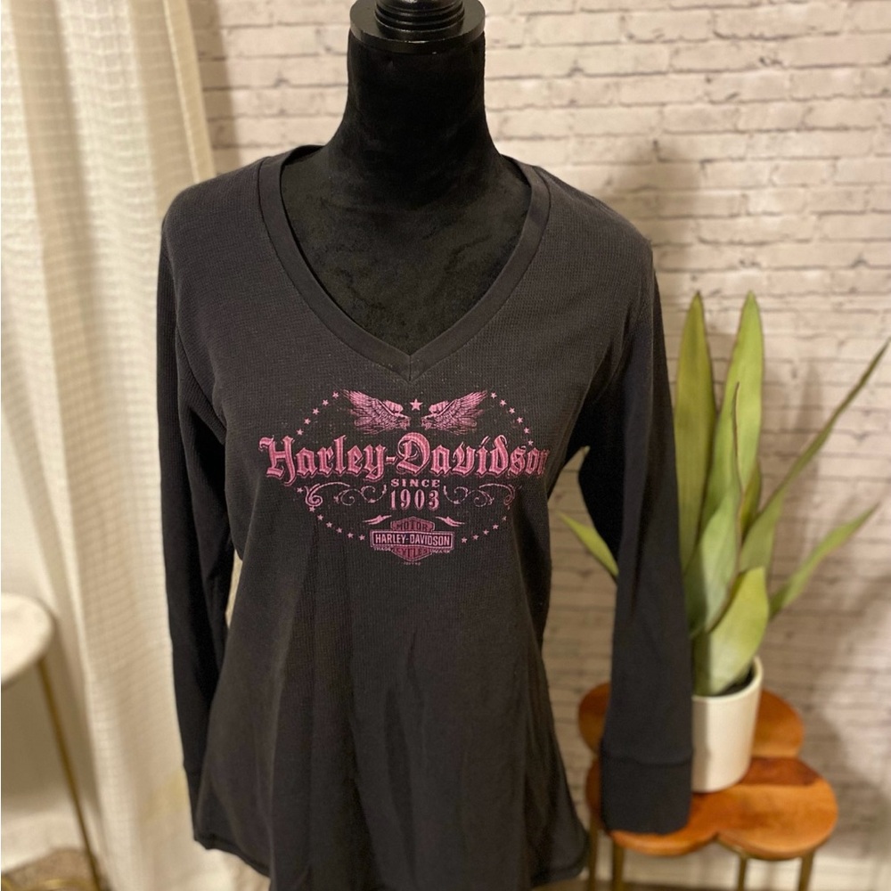 Charcoal grey with pink lettering Harley Davidson long sleeve shirt size 1X